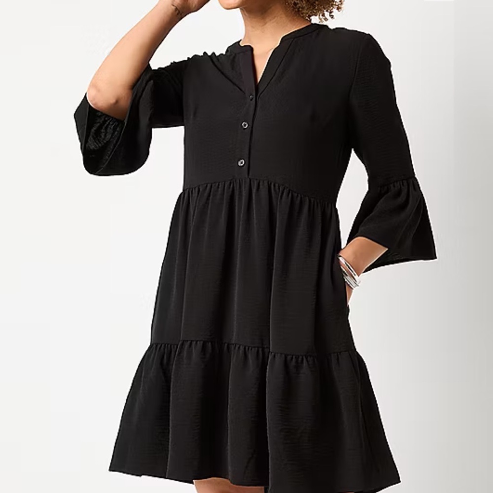 NWT solid black R&K tiered popover dress 4 - Picture 2 of 14